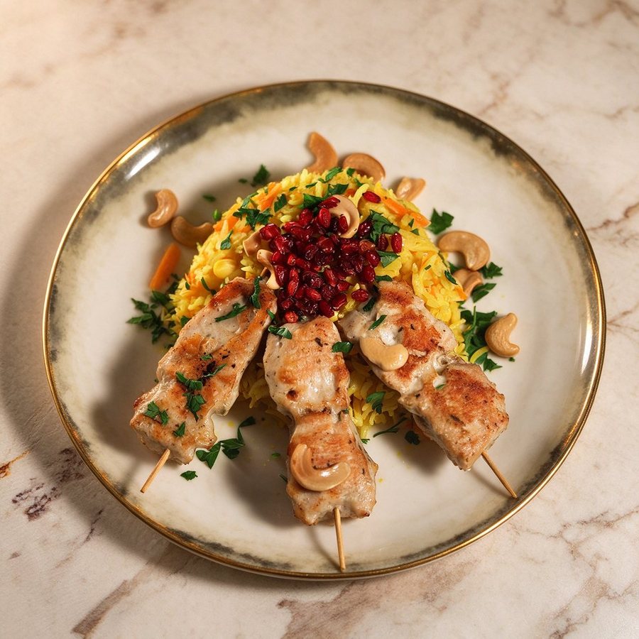 Saffron rice topped with grilled chicken, pomegranate seeds and cashews