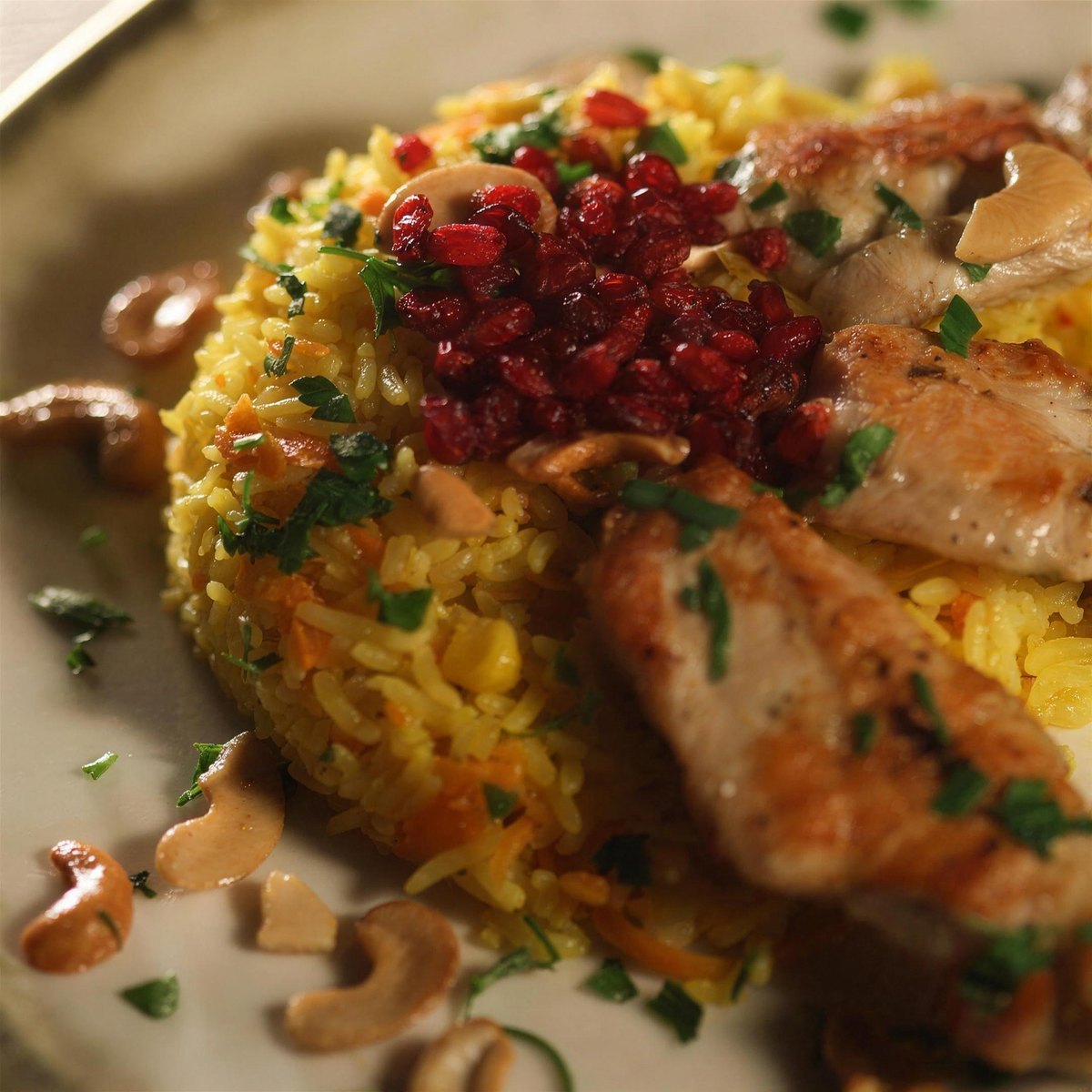 Saffron rice with grilled chicken, pomegranate seeds and cashews